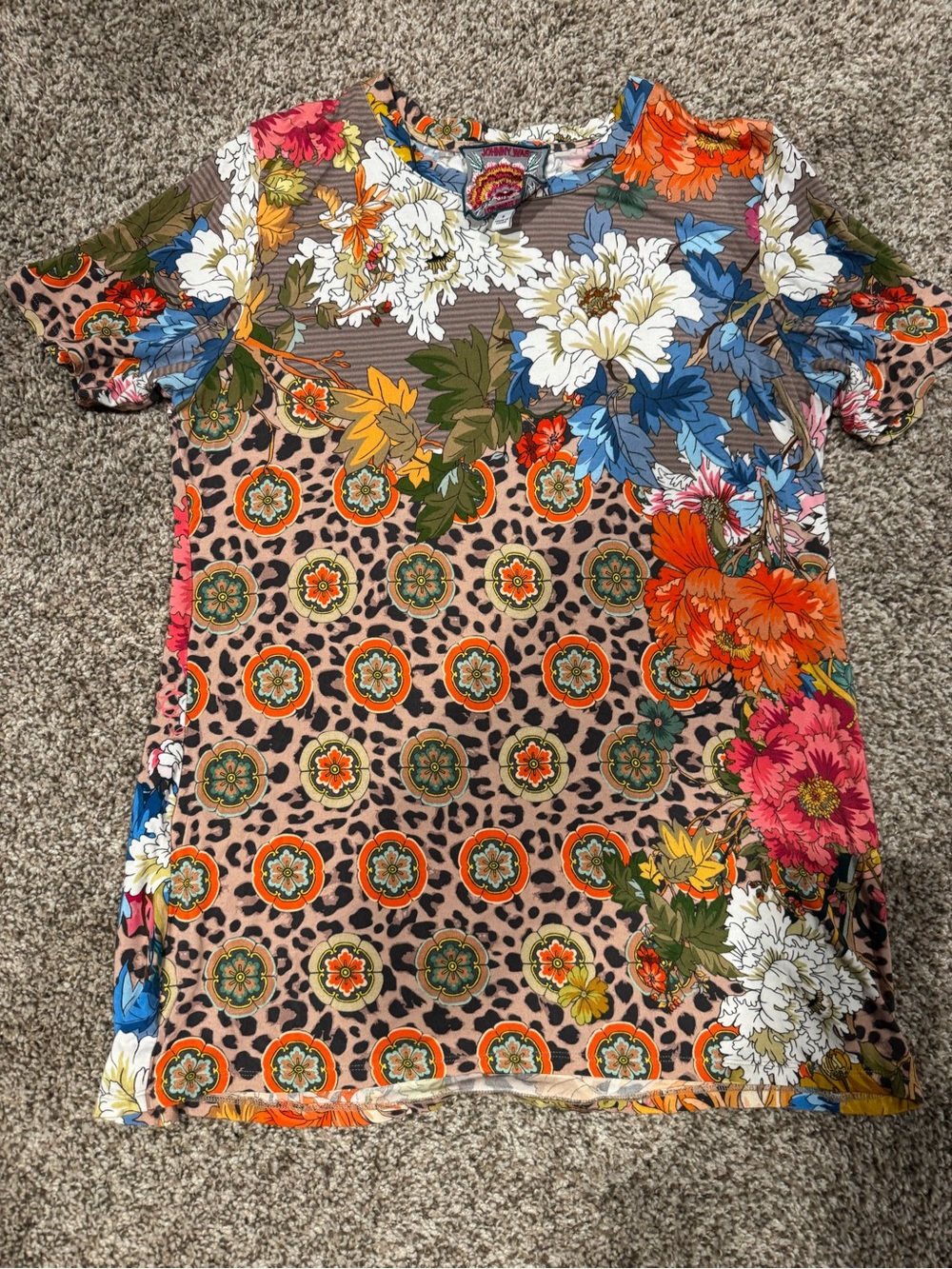 Johnny Was Multicolor Floral & Leopard Short Sleeve Tee